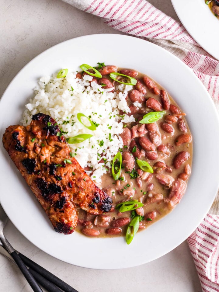 New Orleans Red Beans and Rice Recipe on a light background.