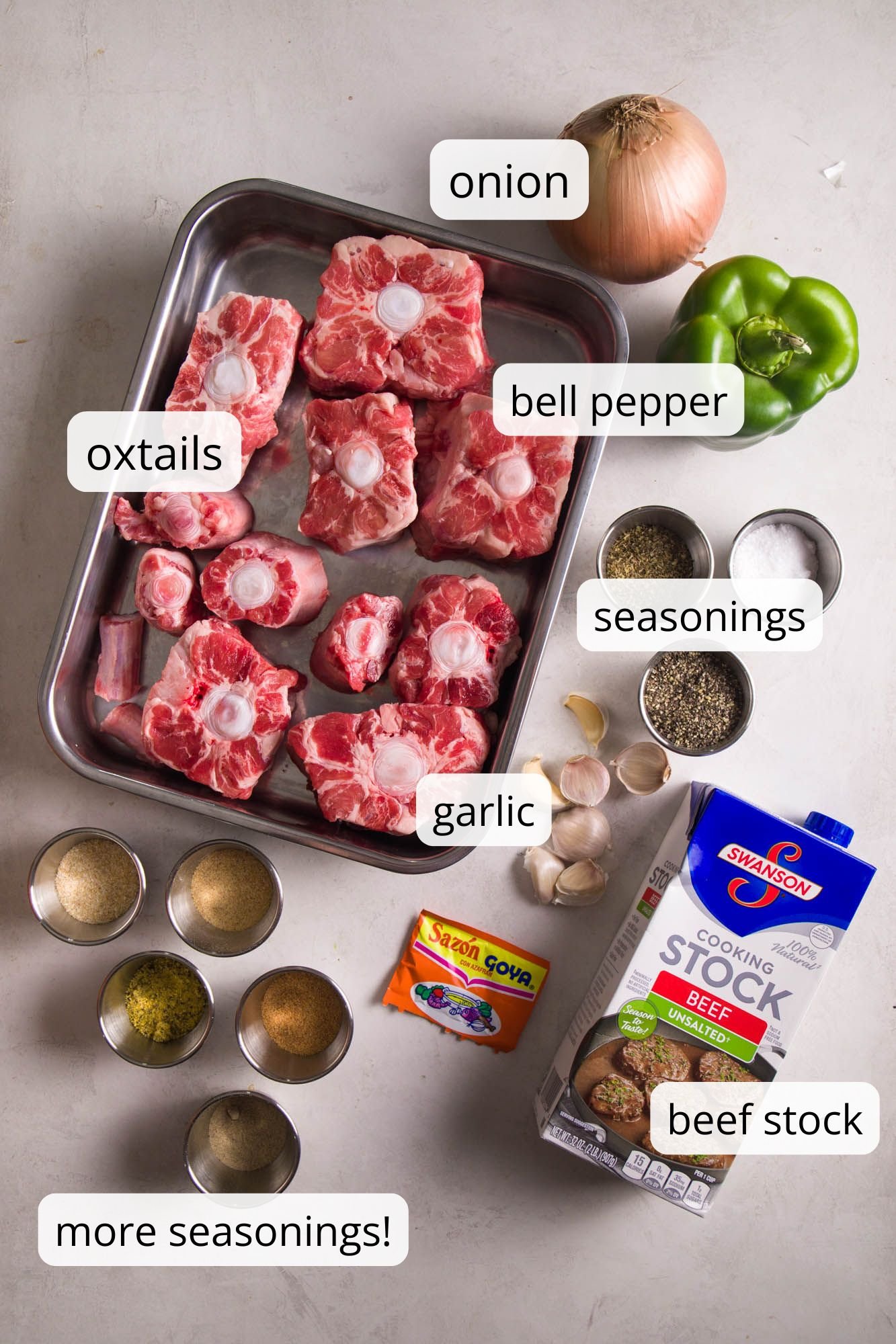 Ingredients to make a southern oxtail recipe: oxtails, onion, bell pepper, beef stock, garlic, and seasonings on a light colored background.