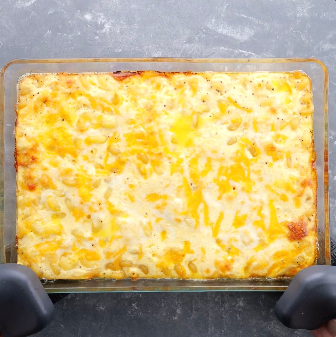 Southern baked mac and cheese in a casserole dish.