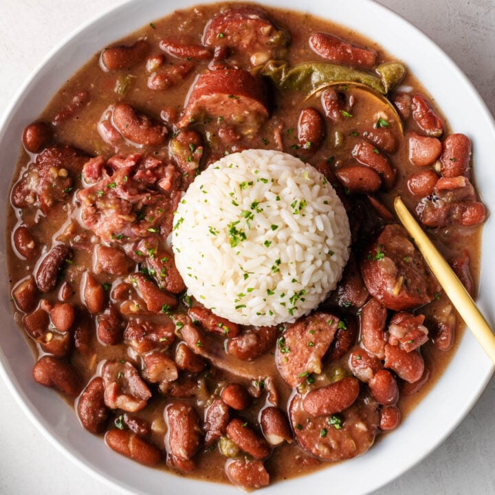 louisiana red beans and rice in a bowl